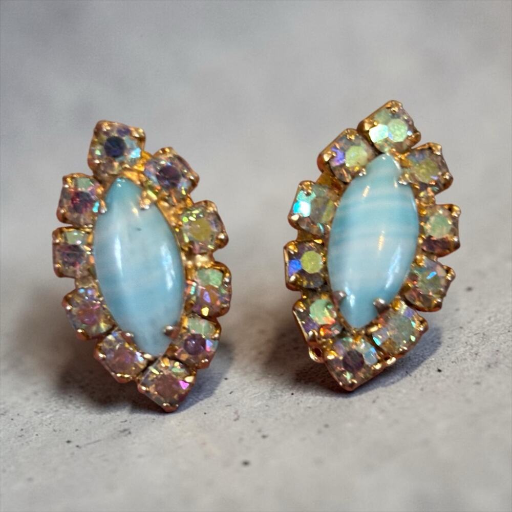 Vintage Mid-Century Aurora Borealis Rhinestone Clip Earrings Navette Cabochon